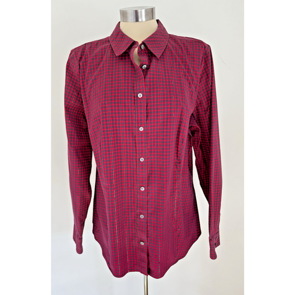 TALBOTS Size 16 Red Blue Metallic Long Sleeve Button Up Wrinkle Resistant Shirt - Picture 1 of 11